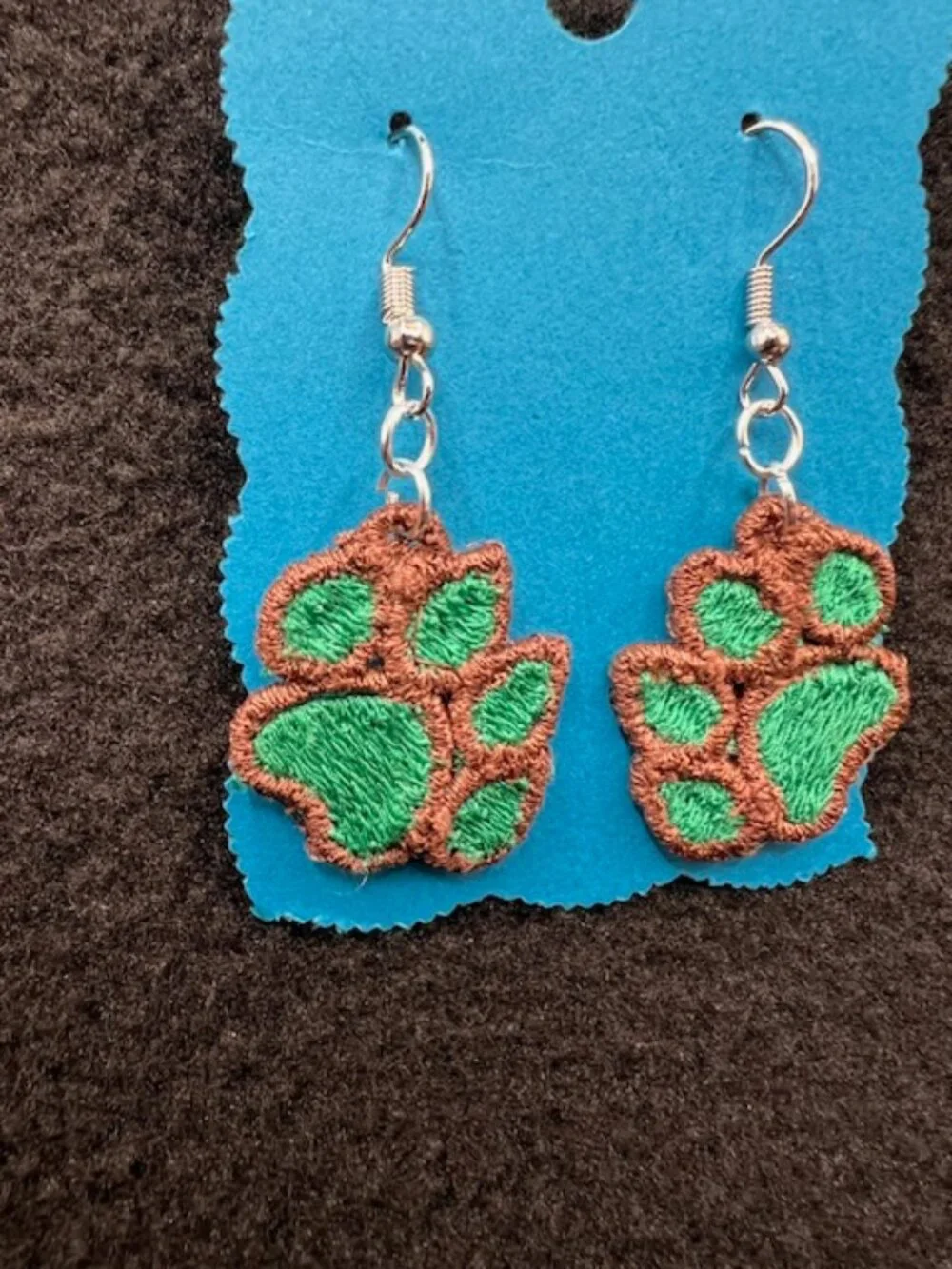 Homemade Brown & Green Paw Print Lace Earrings - Picture 2 of 7
